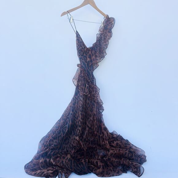 New Nasty Gal Black Magic Leopard Chiffon Ruffle Maxi Dress Long 4 Brown Formal - Picture 3 of 10